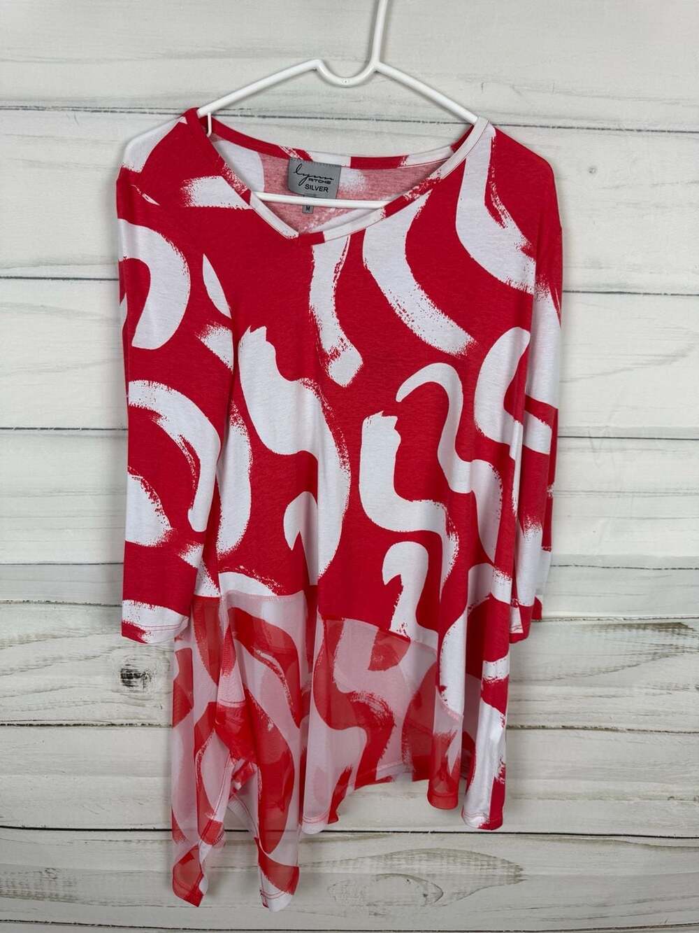Lynn Ritchie Silver Abstract Print Asymmetrical Hem Layered Tunic Top